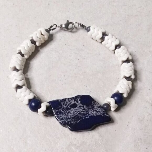 Color Contrasts! Navy Blue Sea Sediment Jasper + Lapis + Natural Howlite Wavers - Picture 1 of 8